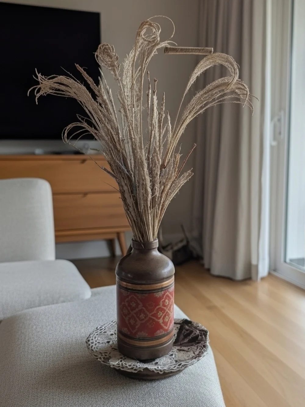Decorative Brown & Tan Dried Grass Arrangement in Rustic Vase